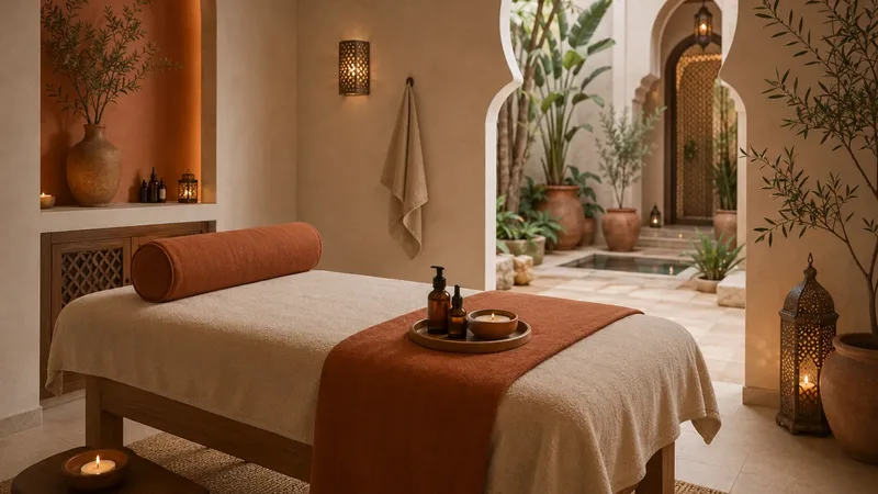 Table de massage dressée de linge crème et terracotta dans un riad contemporain à Marrakech, huiles et bougies sur un plateau, ouverte sur un patio, pour un massage après le hammam