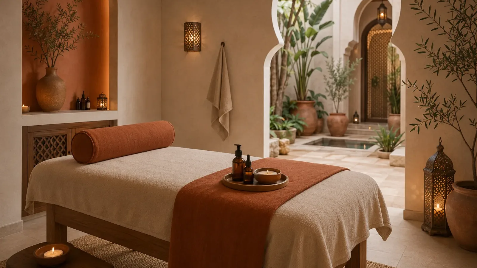 Table de massage dressée de linge crème et terracotta dans un riad contemporain à Marrakech, huiles et bougies sur un plateau, ouverte sur un patio, pour un massage après le hammam