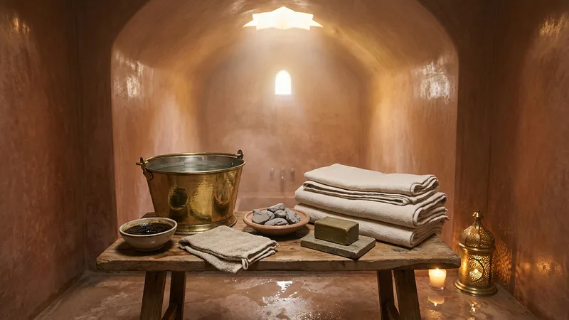 Rituel de hammam traditionnel à Marrakech : seau en laiton, savon noir, gant kessa, rhassoul et linge propre posés sur un banc en bois dans une salle en tadelakt ocre