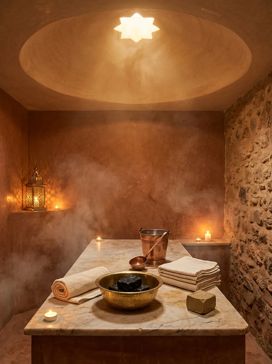 Intérieur d'un hammam traditionnel à Marrakech aux murs de tadelakt terracotta