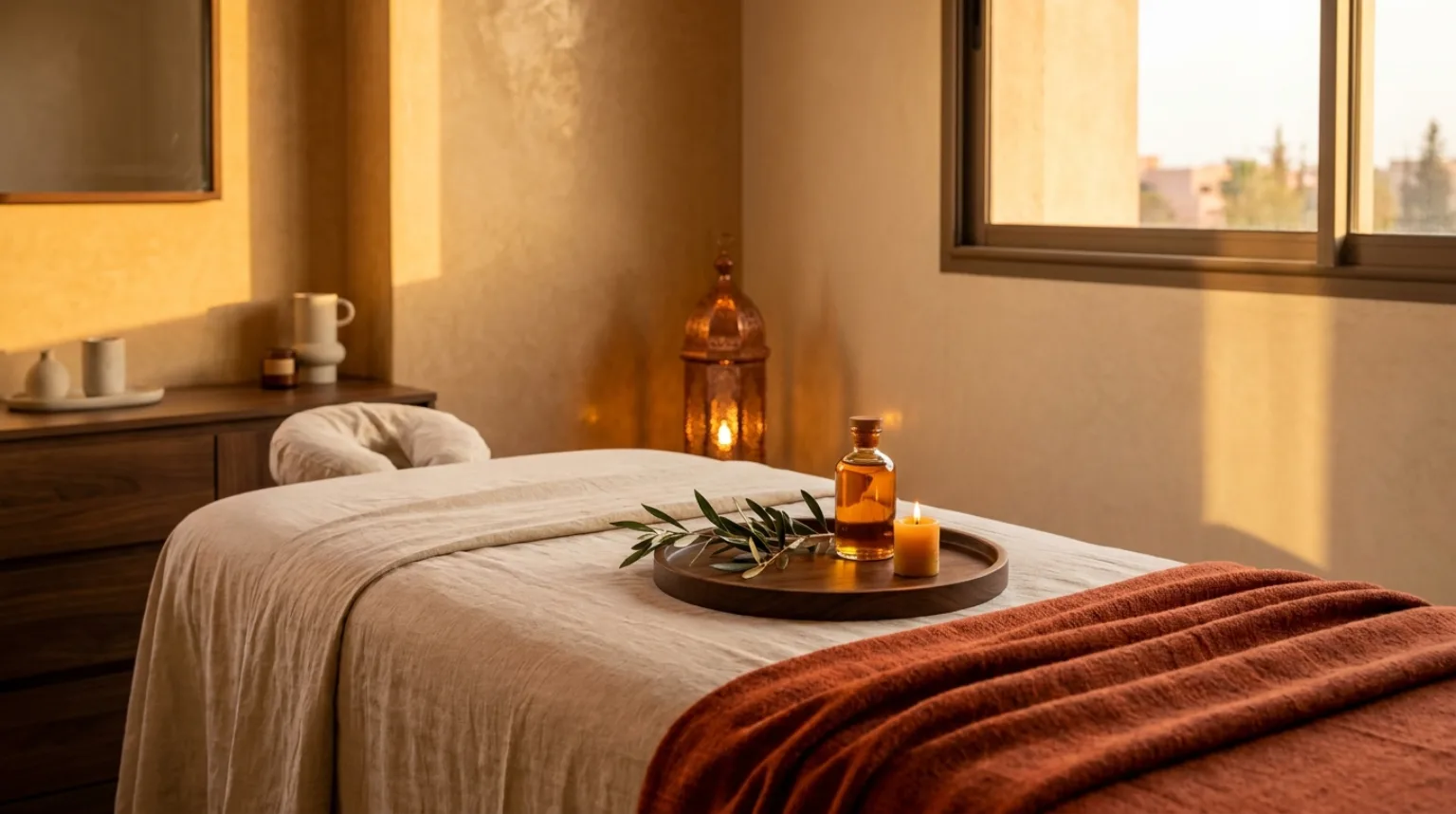 Massage à domicile à Agdal, Marrakech — table de massage dans un appartement moderne, ambiance spa aux tons terracotta