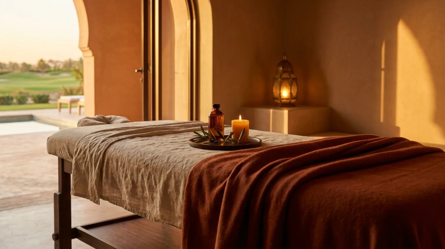 Massage à domicile à Amelkis, Marrakech — table de massage dans une villa de golf, ambiance spa aux tons terracotta
