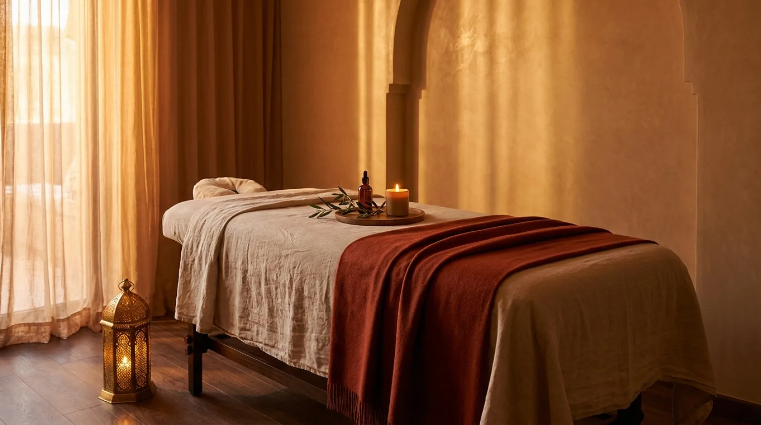 Massage à domicile à Hivernage, Marrakech — table de massage dans une suite d'hôtel, ambiance spa aux tons terracotta