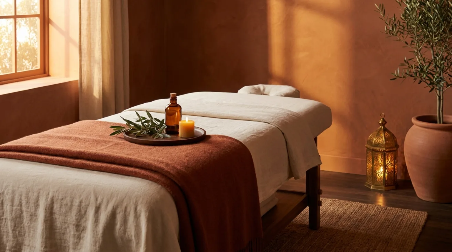 Massage à domicile à Majorelle, Marrakech — table de massage dans une maison d'hôtes de charme, ambiance spa aux tons terracotta