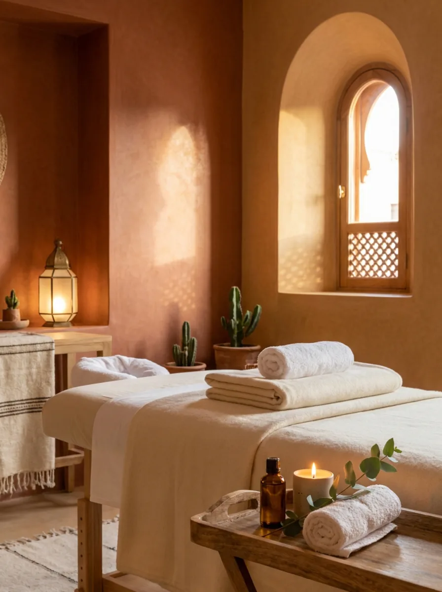 Espace de massage à domicile installé dans un appartement à Marrakech, table dressée de linge propre, huile d'argan, bougie et lumière chaude