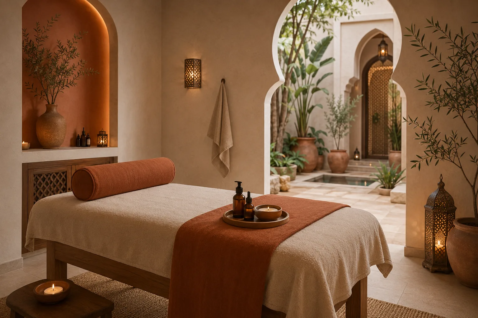 Table de massage dans une cabine de spa aux tons terracotta, ouverte sur un patio de riad à Marrakech