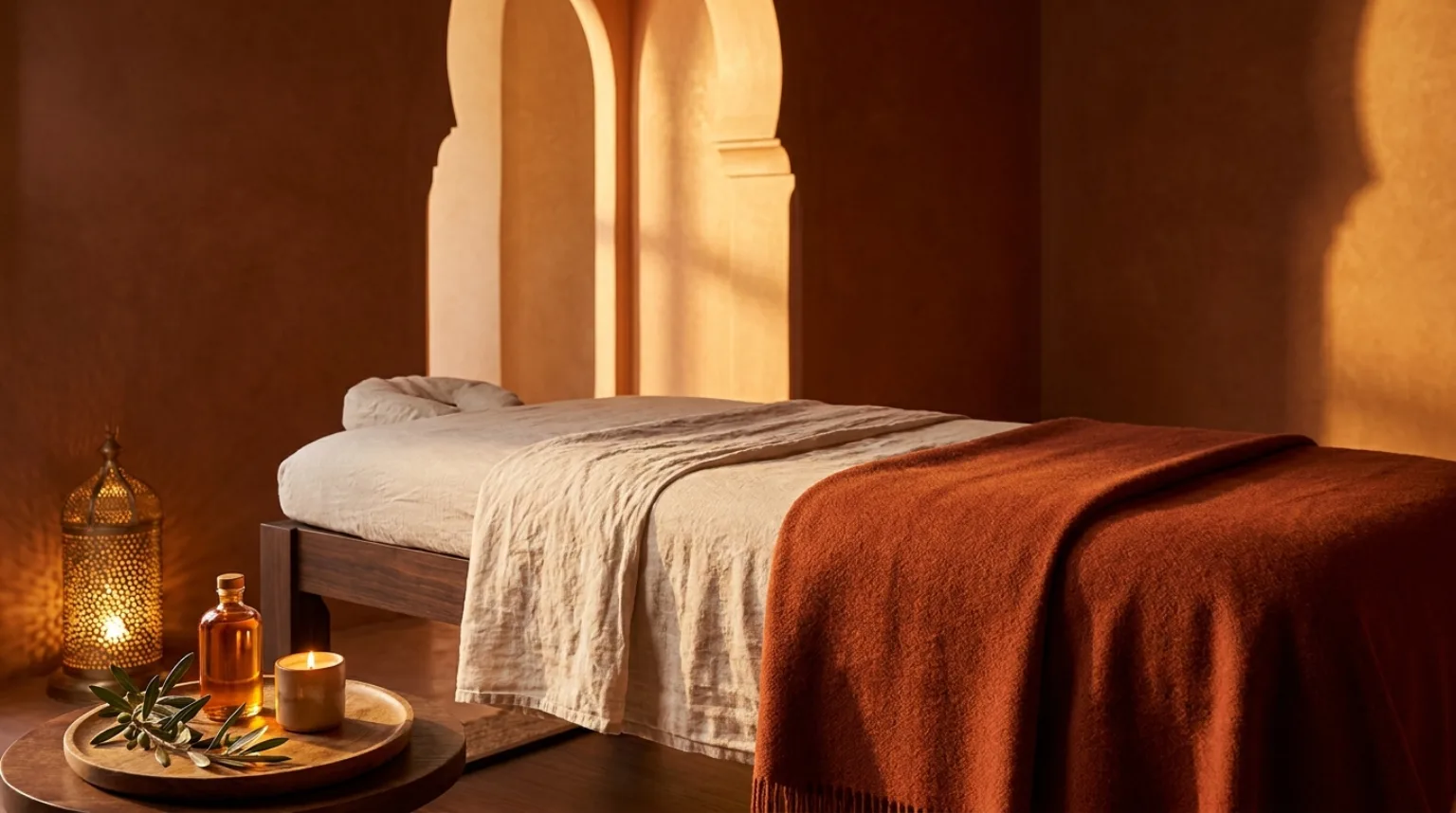 Massage à domicile à la Médina, Marrakech — table de massage dans un riad traditionnel, ambiance spa aux tons terracotta
