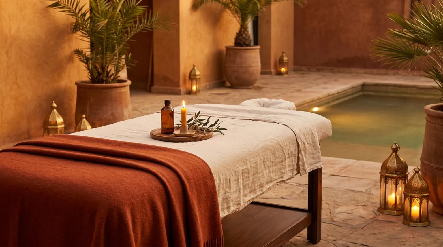 Massage à domicile à la Palmeraie, Marrakech — table de massage dans une villa au bord de la piscine, ambiance spa aux tons terracotta
