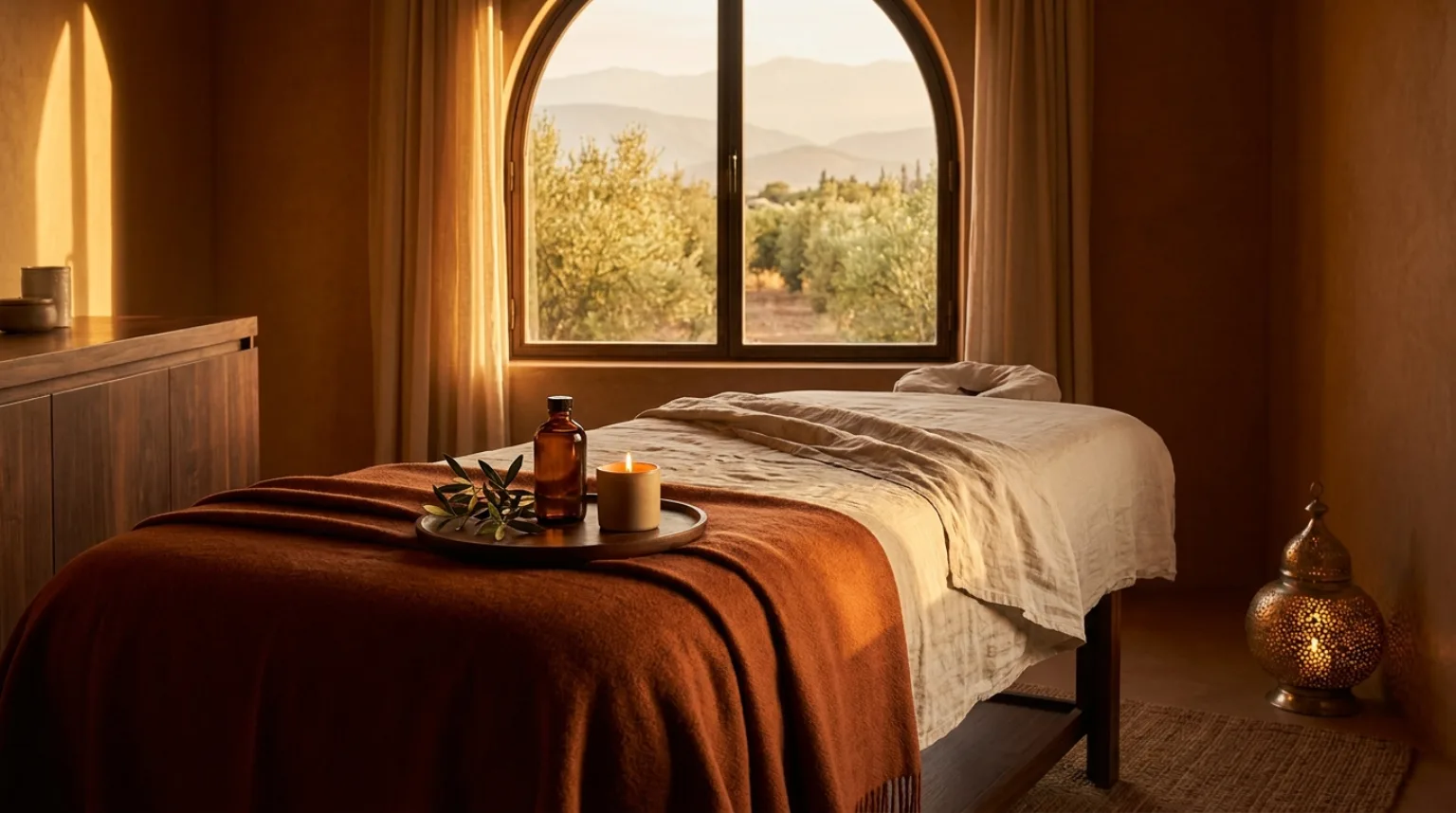 Massage à domicile à la route d'Amizmiz, Marrakech — table de massage dans une villa à la campagne, ambiance spa aux tons terracotta
