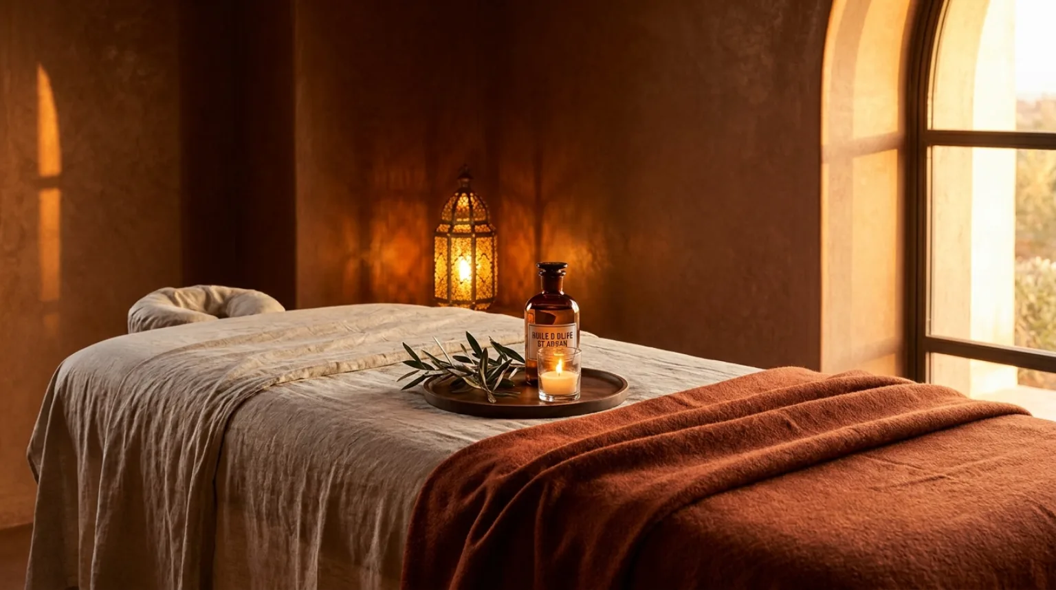 Massage à domicile à la route de Casablanca, Marrakech — table de massage dans une résidence moderne, ambiance spa aux tons terracotta