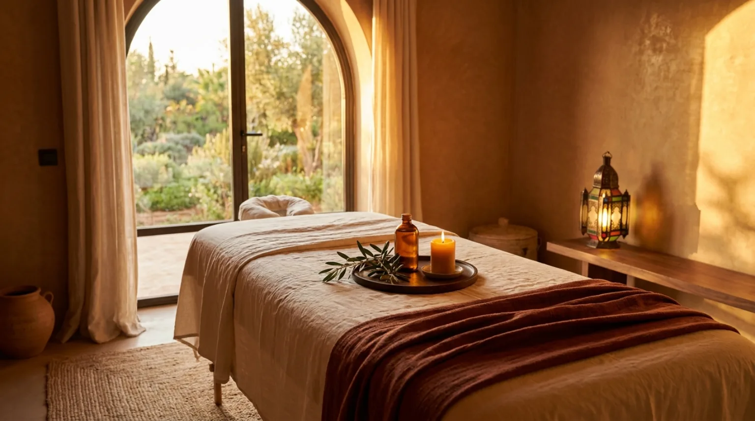 Massage à domicile à la route de Fès, Marrakech — table de massage dans une villa avec jardin, ambiance spa aux tons terracotta