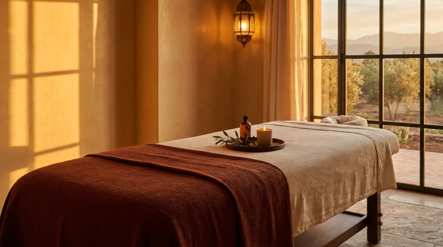Massage à domicile à la route de l'Ourika, Marrakech — table de massage dans une villa face à l'Atlas, ambiance spa aux tons terracotta