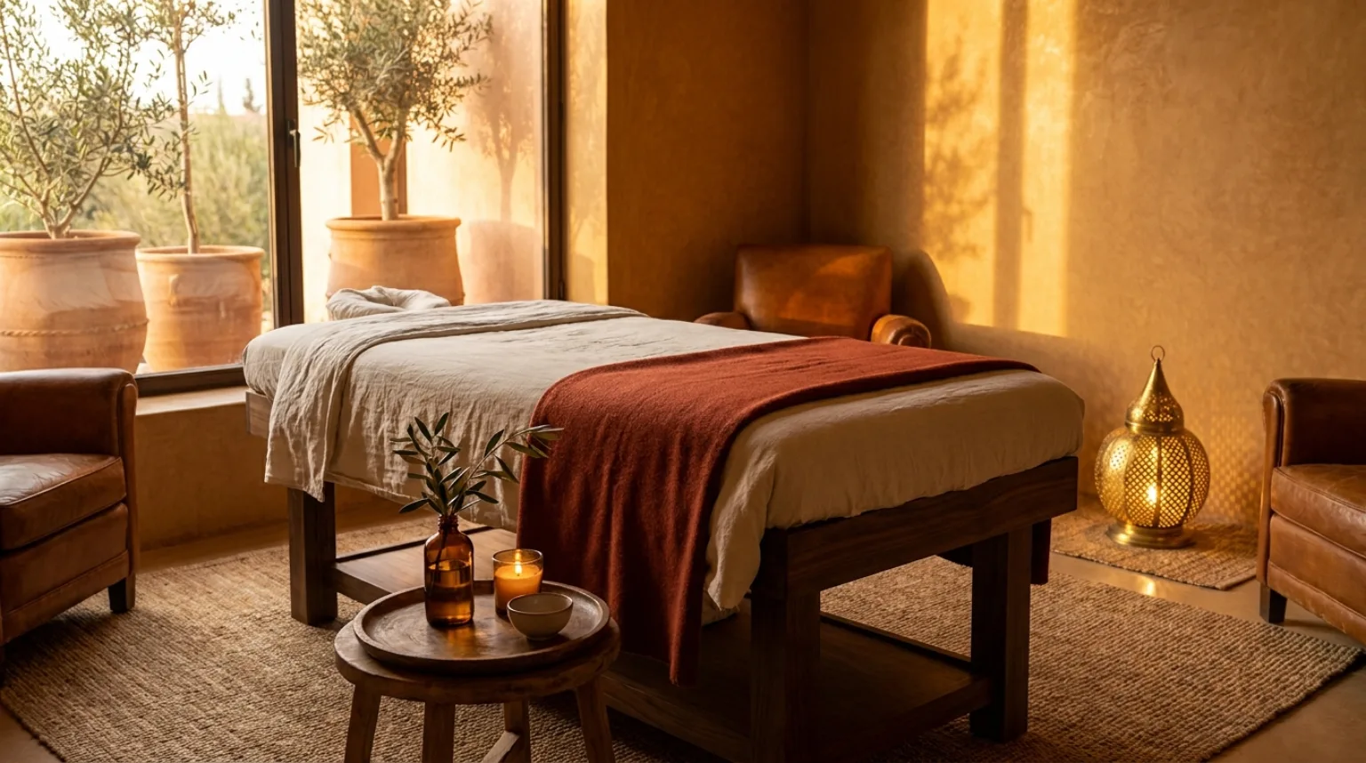 Massage à domicile à Targa, Marrakech — table de massage dans une villa familiale, ambiance spa aux tons terracotta
