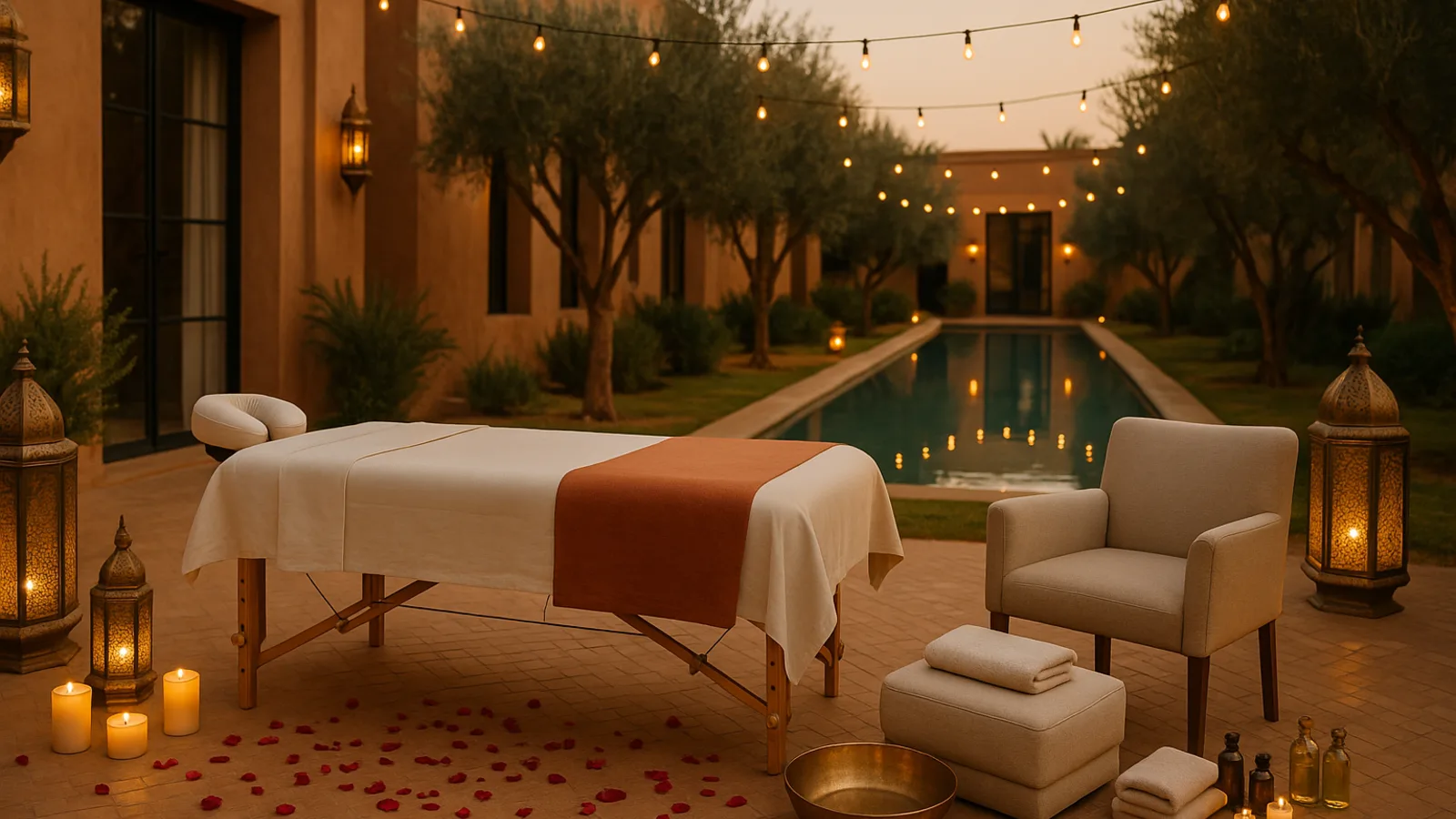 Table de massage et poste de massage des mains et des pieds installés dans le patio d'une villa à Marrakech décorée pour une réception, lanternes, bougies et huile d'argan