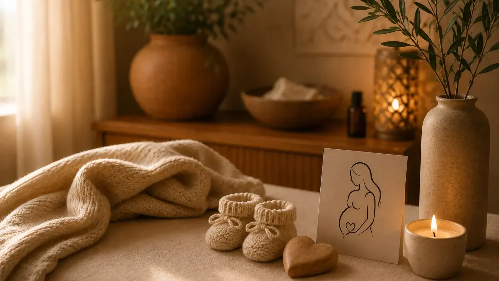 Table de massage prénatal dressée de linge crème dans un intérieur chaleureux à Marrakech, chaussons tricotés, bougie allumée et branche d'olivier