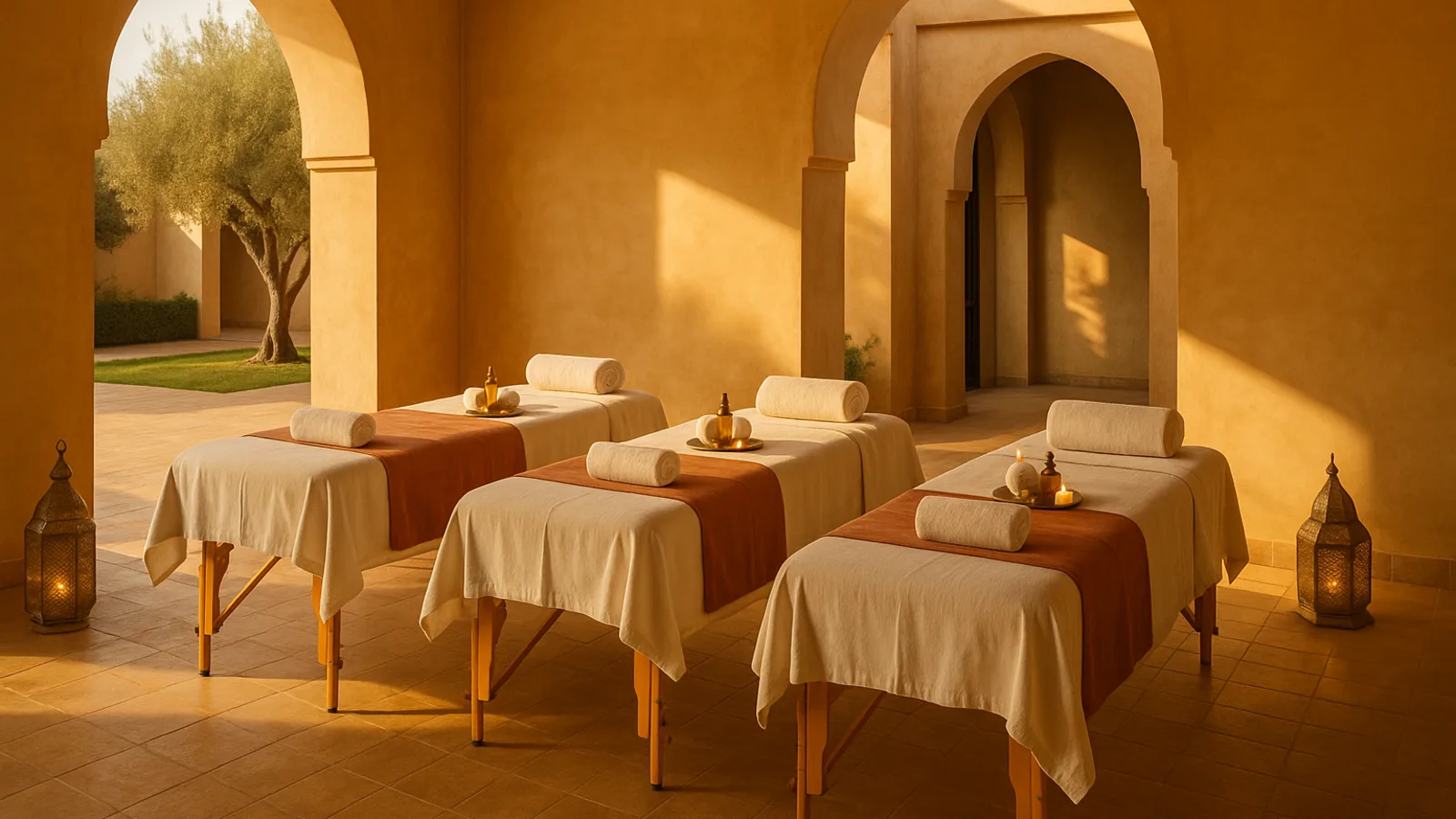 Trois tables de massage alignées sous les arches d'une villa à Marrakech pour un massage de groupe, linge crème et terracotta, huile d'argan, lanternes en laiton et olivier sous une lumière dorée