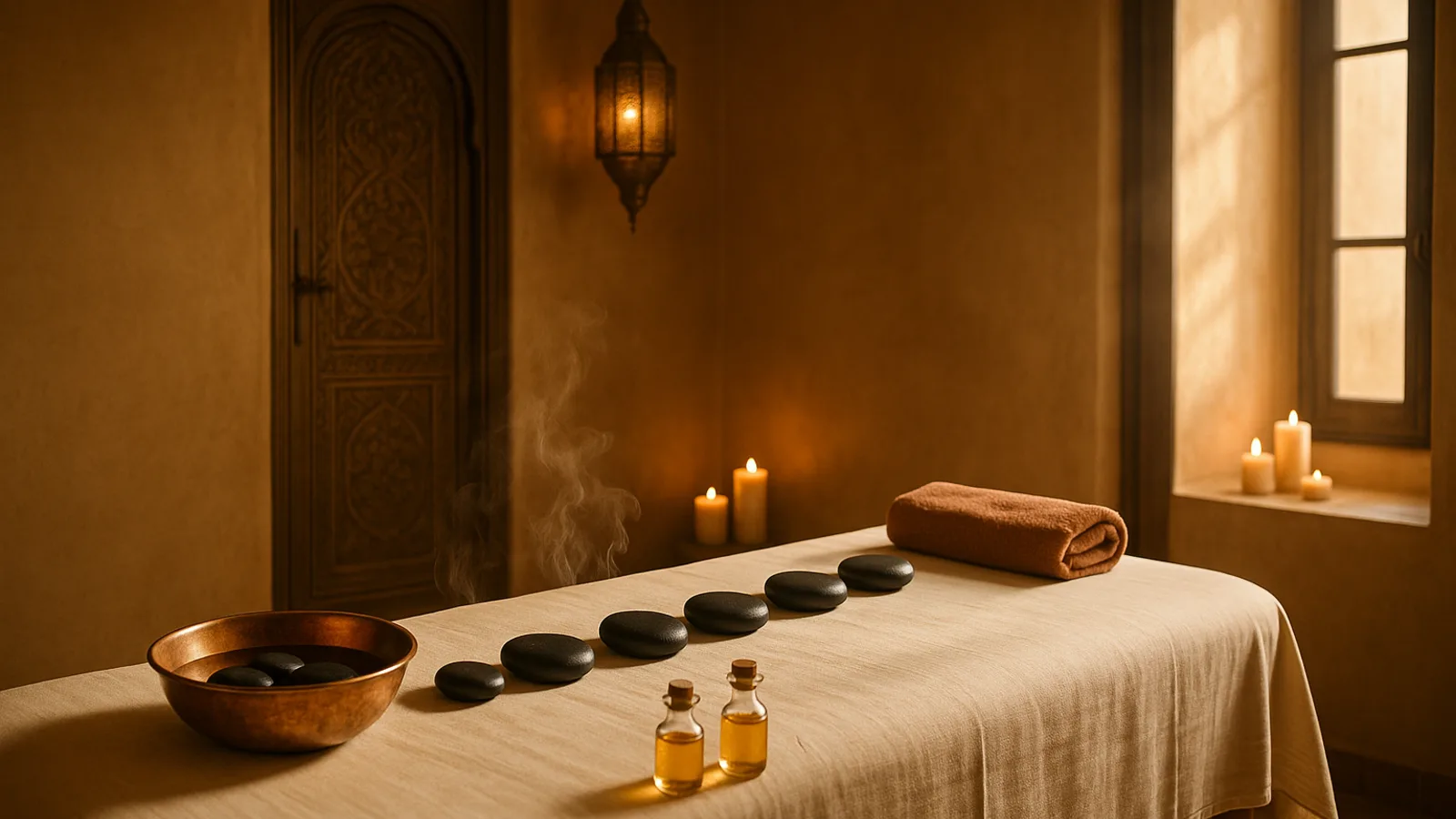 Pierres de basalte chaudes alignées sur une table de massage dressée de linge crème dans un riad de Marrakech, bol de cuivre, huile d'argan et bougies