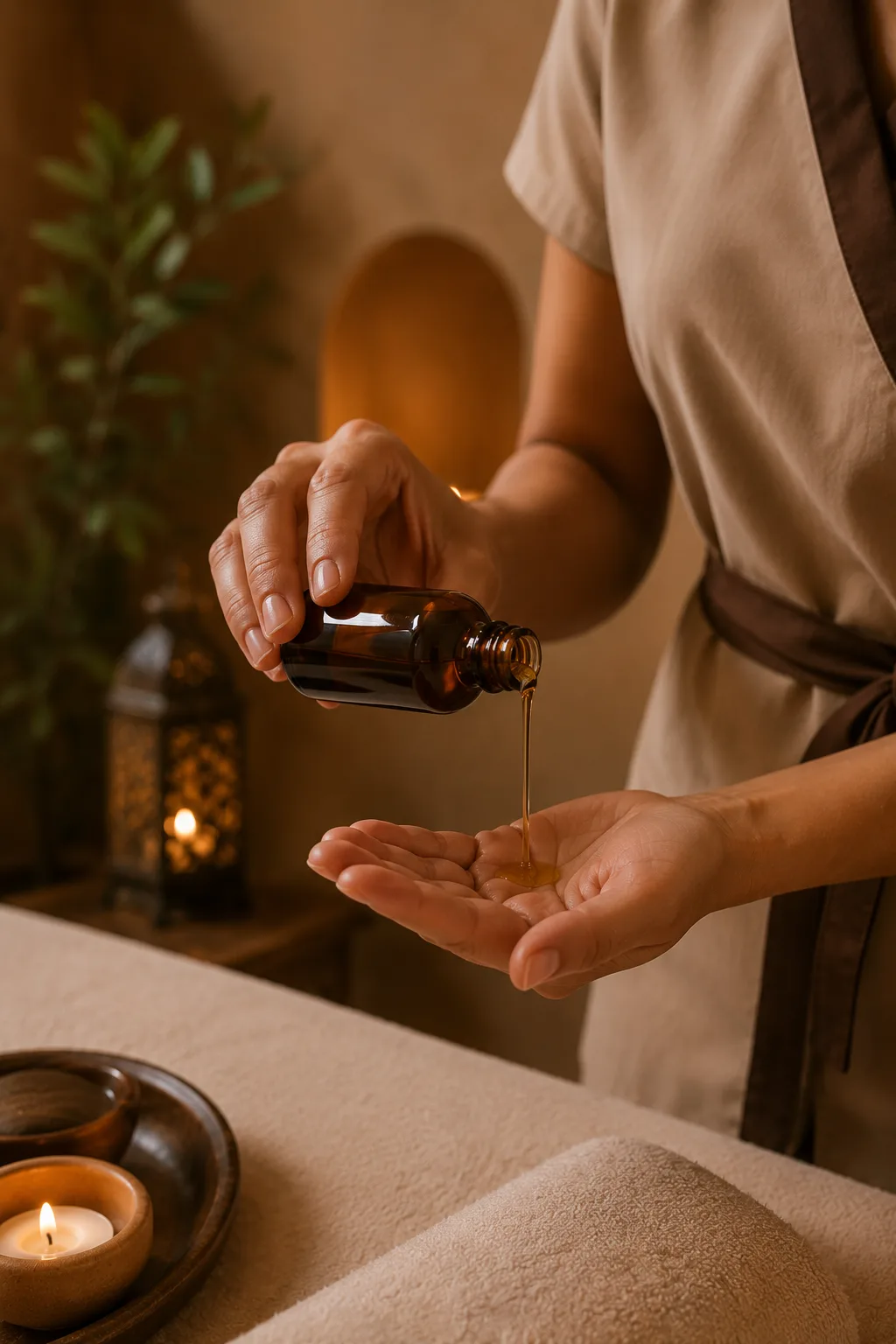 Praticiennes versant de l'huile de massage chaude, ambiance spa terracotta à la bougie