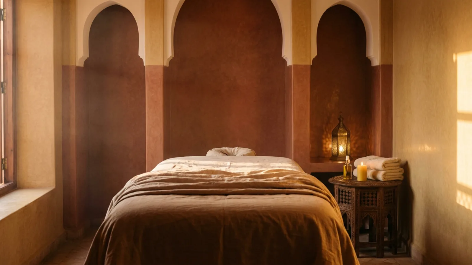 Table de massage dressée de linge propre dans un riad contemporain à Marrakech, huile d’argan, bougie et lanterne en laiton sous une lumière dorée