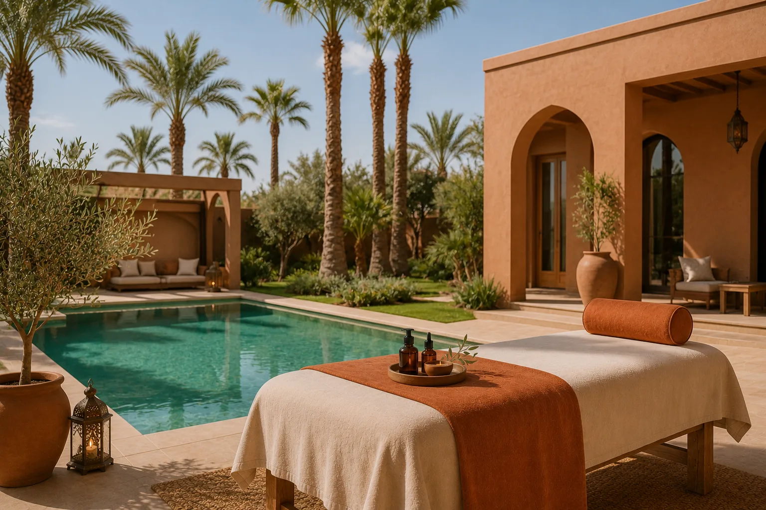 Table de massage au bord de la piscine d’une villa à Marrakech, palmiers et architecture en terre