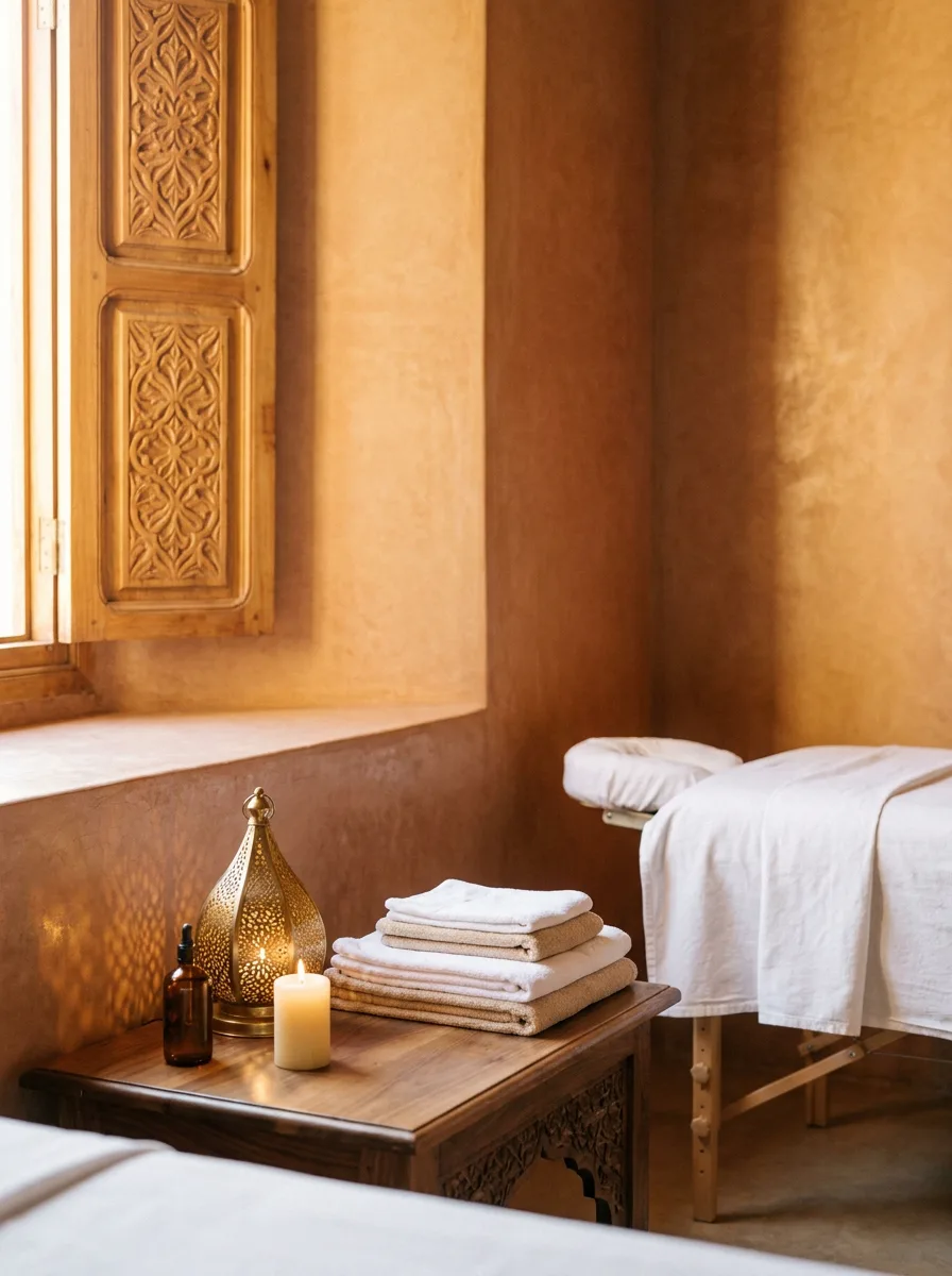 Coin soin d'un spa dans un riad contemporain à Marrakech, murs de tadelakt terracotta, huile d'argan, bougie, lanterne en laiton et linge propre plié