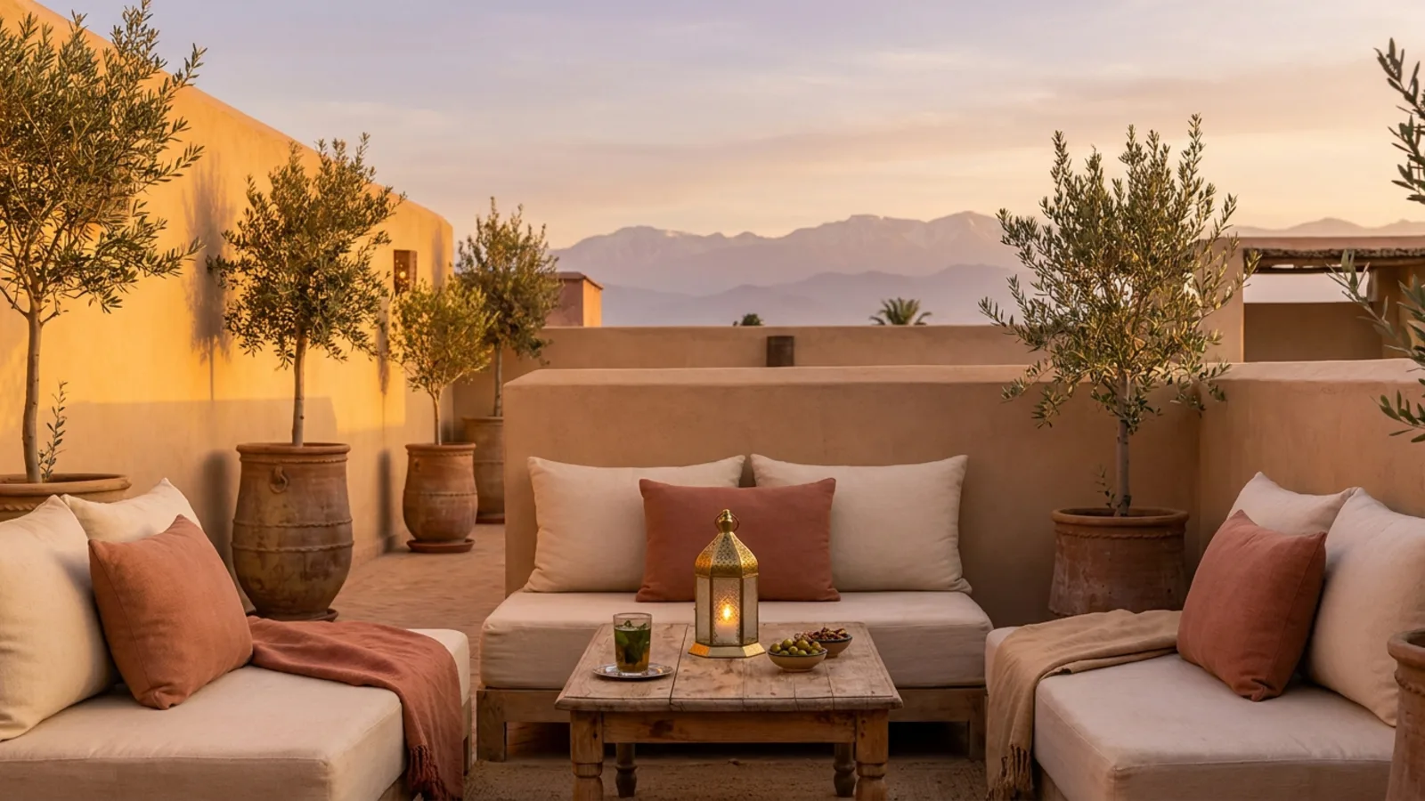 Terrasse d'un riad à Marrakech au coucher du soleil, coussins terracotta, thé à la menthe et vue sur les montagnes de l'Atlas