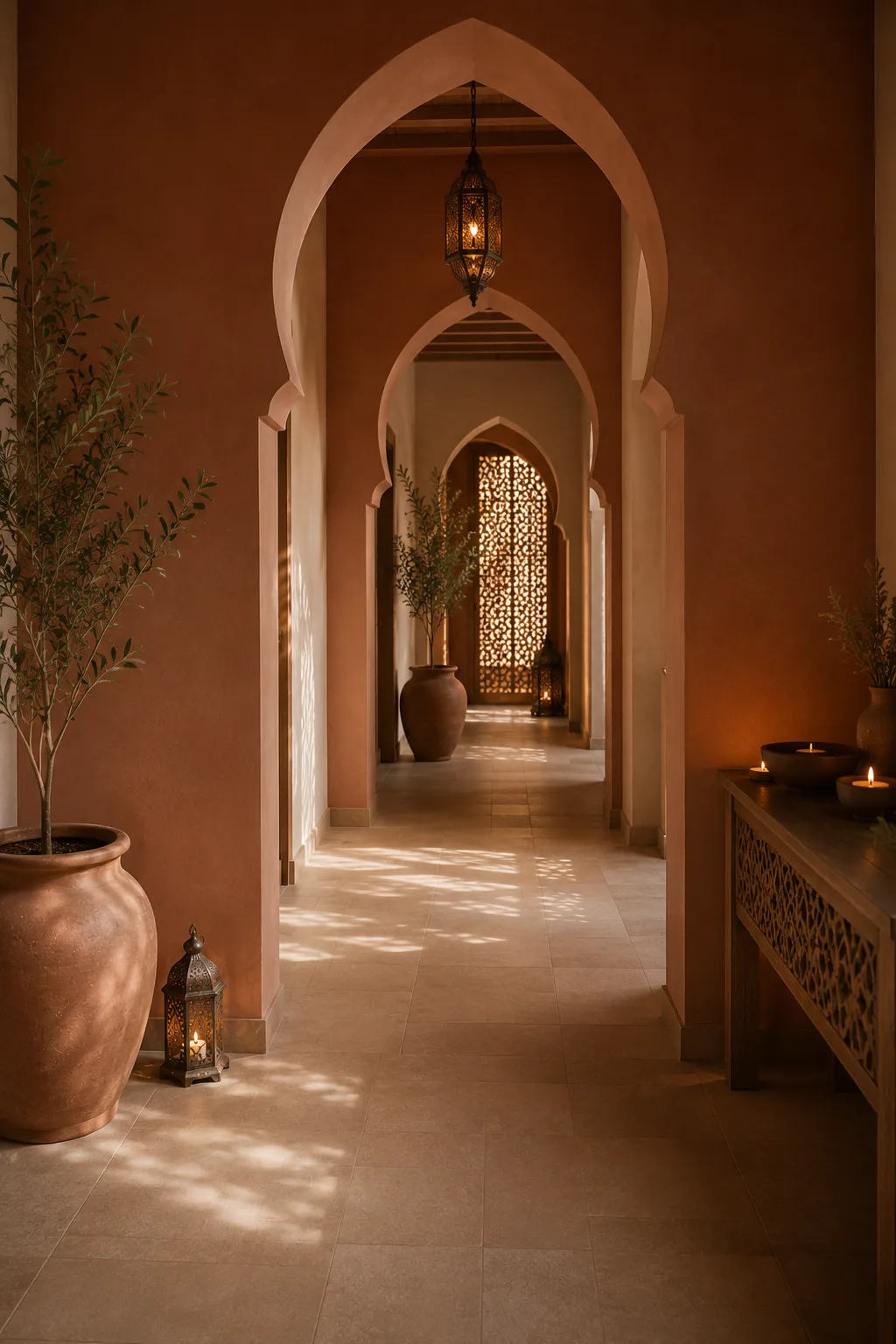 Couloir d'un riad marocain aux arches et murs terracotta, oliviers en pot et lanternes