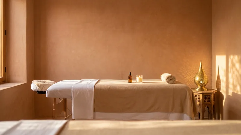 Espace de massage aménagé dans un riad contemporain à Marrakech, table dressée de linge propre, huile d'argan et lanterne en laiton sous une lumière dorée