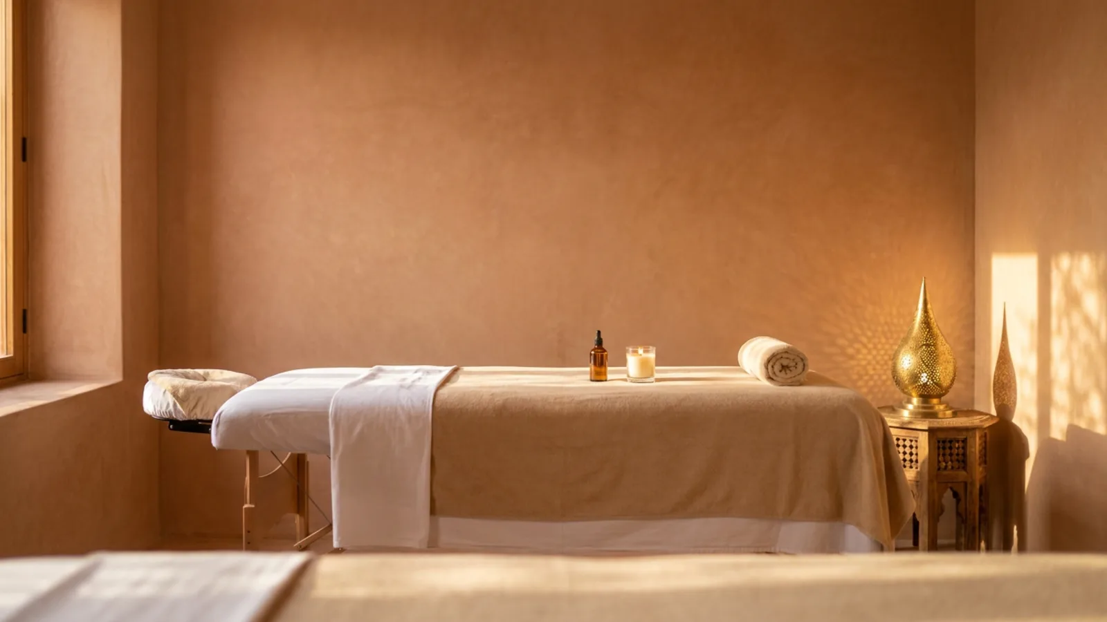 Espace de massage aménagé dans un riad contemporain à Marrakech, table dressée de linge propre, huile d'argan et lanterne en laiton sous une lumière dorée