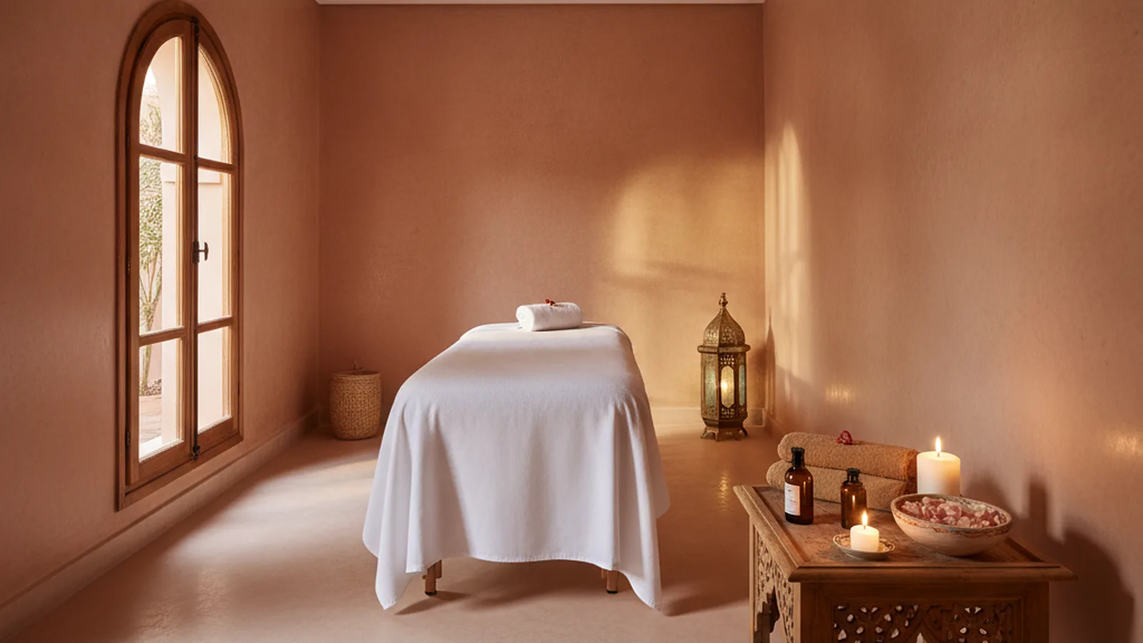 Espace de spa de luxe installé dans un riad contemporain à Marrakech, table de massage habillée de linge blanc, huile d'argan, bougie et lanterne en laiton sous une lumière dorée